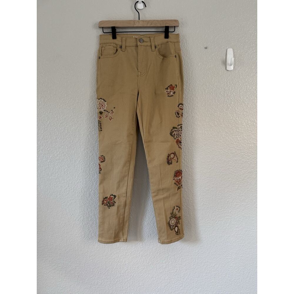 Boho Embroidered Tan Pants Skinny Straight Leg EUC Size 4 Neutral Chic DG2 - Picture 4 of 5